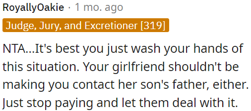 OP's girlfriend shouldn't involve him in contacting her son's father.