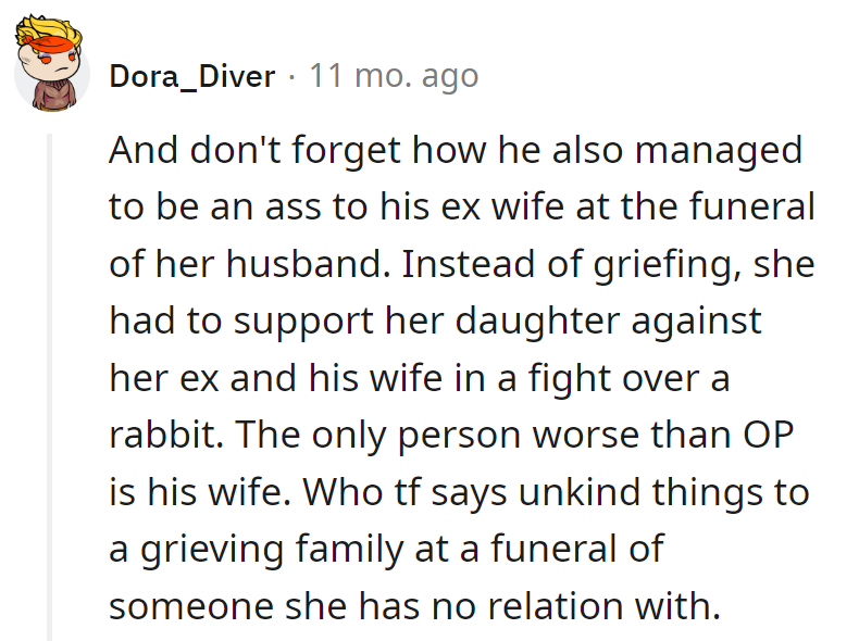 OP made a funeral a rabbit brawl, and his wife joined the drama. Shakespeare, meet the tragicomedy duo.