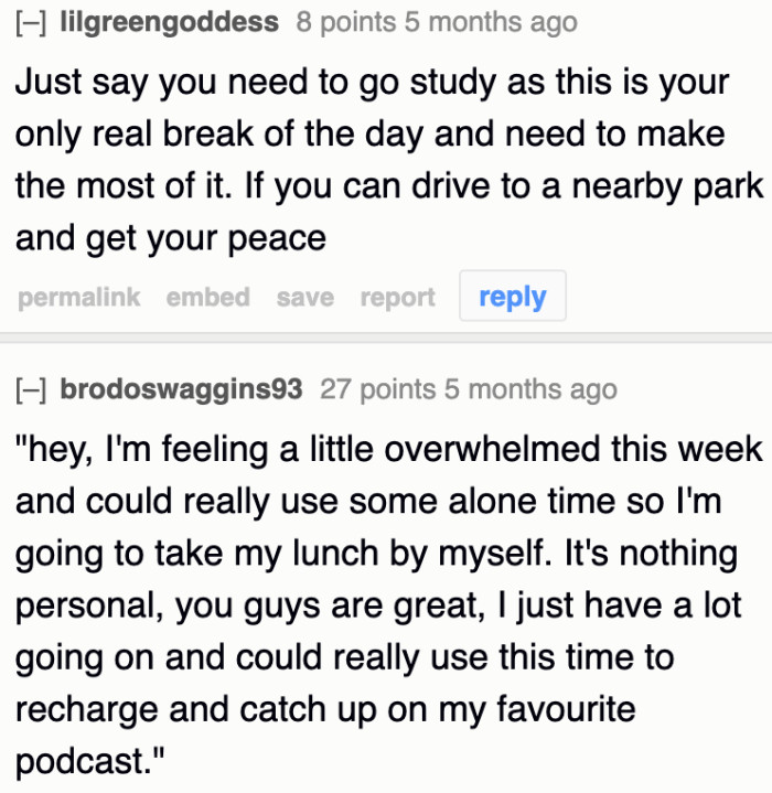 The OP can also choose to have lunch at a nearby park so that she doesn't have to deal with the negativity.