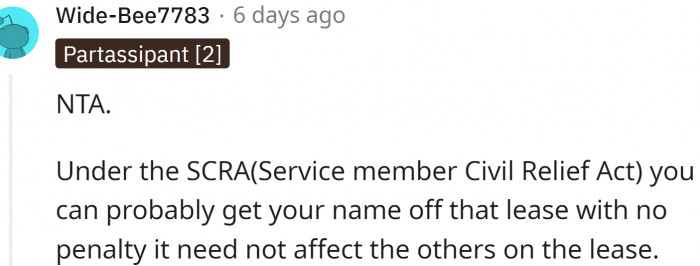 Under the SCRA, OP can probably get his name off that lease