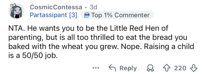 Raising a child is a 50/50 job.
