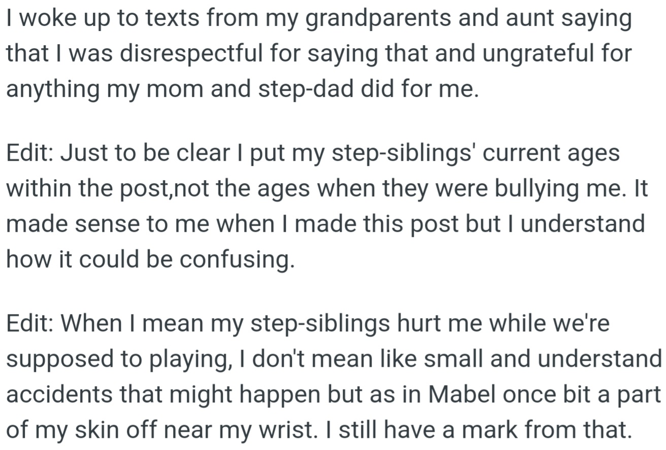 After OP stood up to her mom and stepdad, she was accused of being disrespectful and ungrateful by her grandparents and aunt.