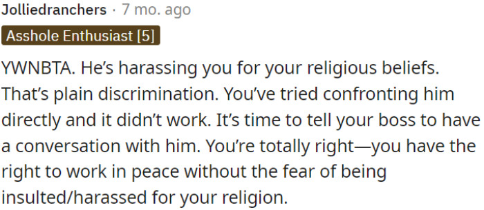 It's essential for OP to involve her boss in a conversation to ensure she can work in a harassment-free environment.