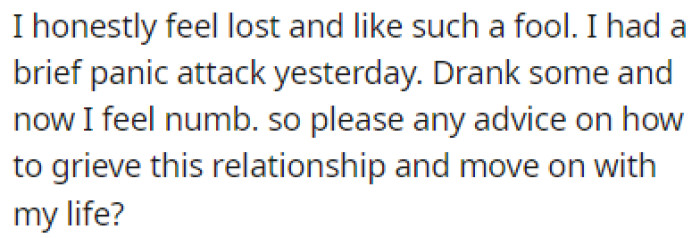 OP is looking for advice on how to move on with her life