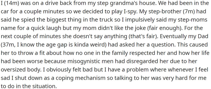 OP was driving back from their step-grandma's house with their family after a Christmas gathering, and they decided to play an I-spy game.