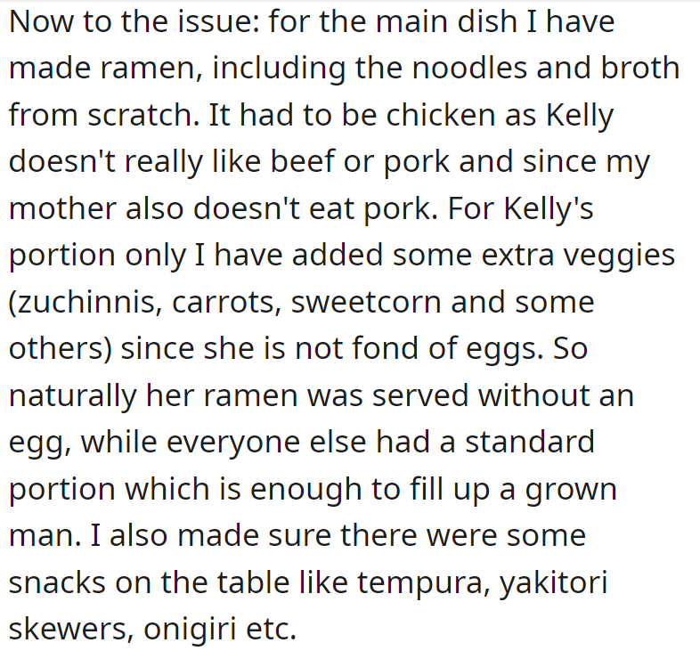 Homemade chicken ramen with extra veggies for Kelly, along with snacks like tempura and yakitori skewers.