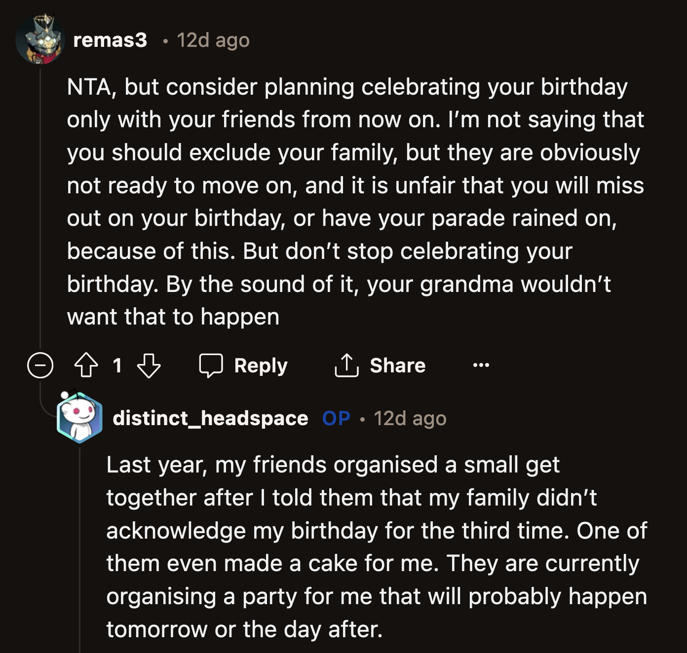 OP's friends, unlike his family, haven't allowed a year to go by without celebrating his birthday. They have been thoughtful and consistent in showing OP he wasn't forgotten.