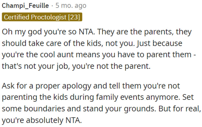 Being the cool aunt doesn't make OP responsible for parenting
