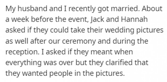 About a Week Before OP's Wedding, Her Brother and His Wife Asked for Permission to Take Their Wedding Pictures During Her Wedding