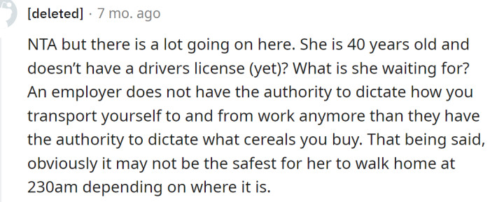 She needs to get her driver's license.