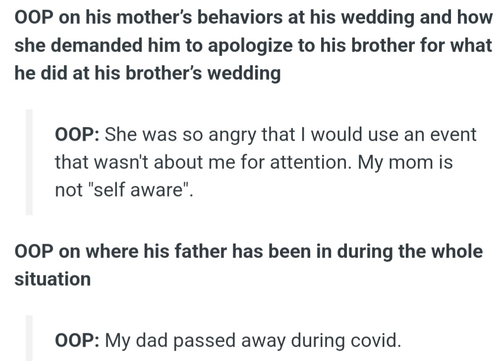 OP's Mom Demanded He Apologize to His Brother for Upstaging Him at His Own Wedding. He Also Revealed That His Dad Passed Away During the Pandemic, Leaving Him Without a Fatherly Voice in the Chaos.