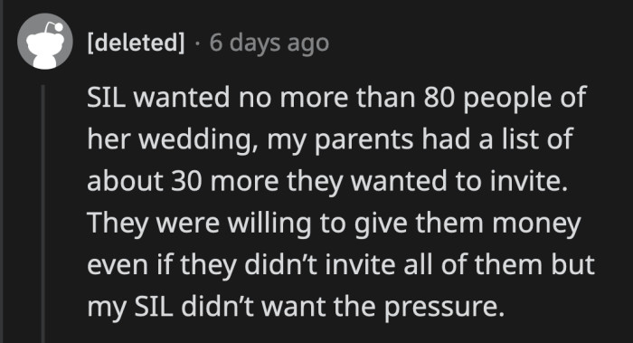 Sister-in-law didn't want to expand her guest list and avoid outside pressure, said OP