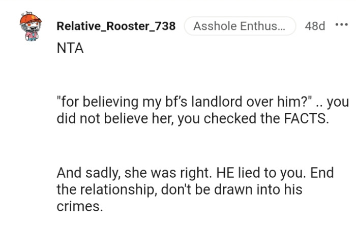 The OP didn't believe her but checked the facts.