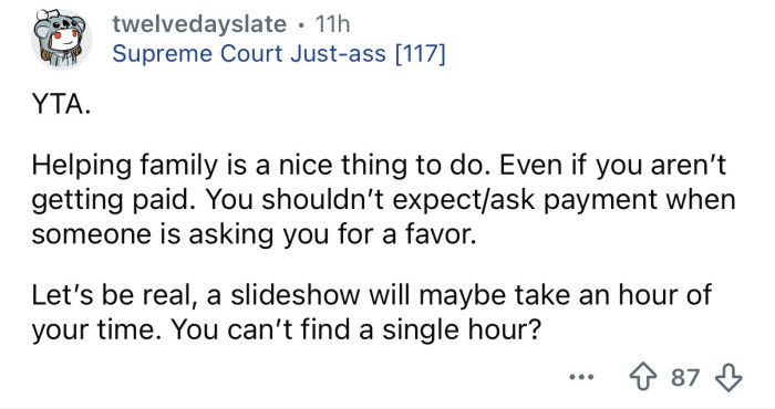 You shouldn’t expect payment for a favor.