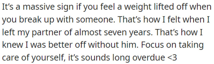 OP needs to prioritize self-care.