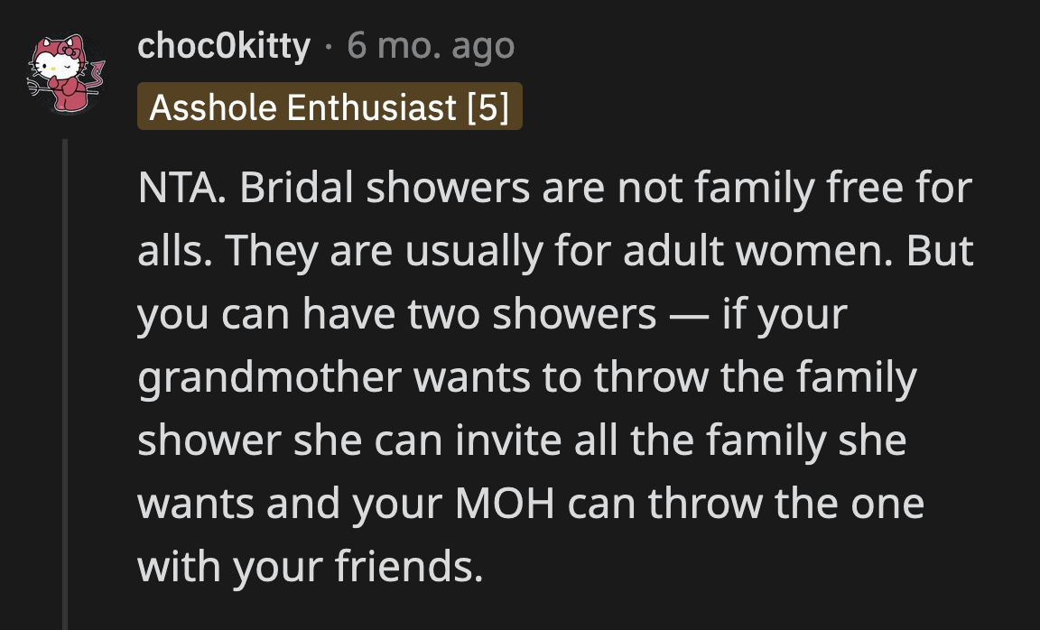 It's not at all unusual to hold a child-free bridal shower. All this talk of 'family' is aunt and grandma grasping at straws.