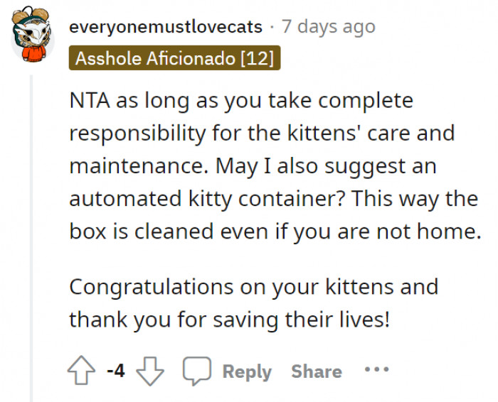 Take care of your cats well. OP is accountable for everything regarding these kittens.