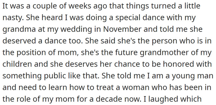 But recently, Sandy heard that the OP would dance with his grandmother at his upcoming wedding and asked for a dance too: