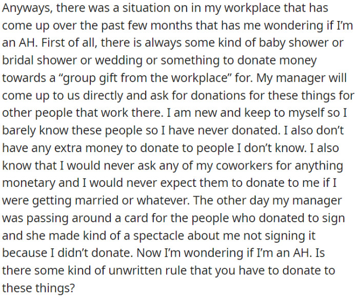 OP faces financial difficulties at work, making it hard to contribute to group gifts, and her manager noticed her absence from card signatures.