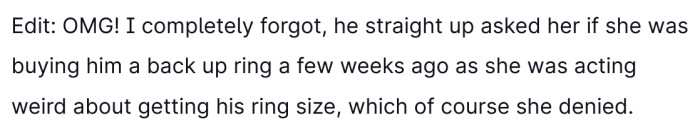 In an edit, the OP said her MIL had previously denied that she was going to buy the ring.