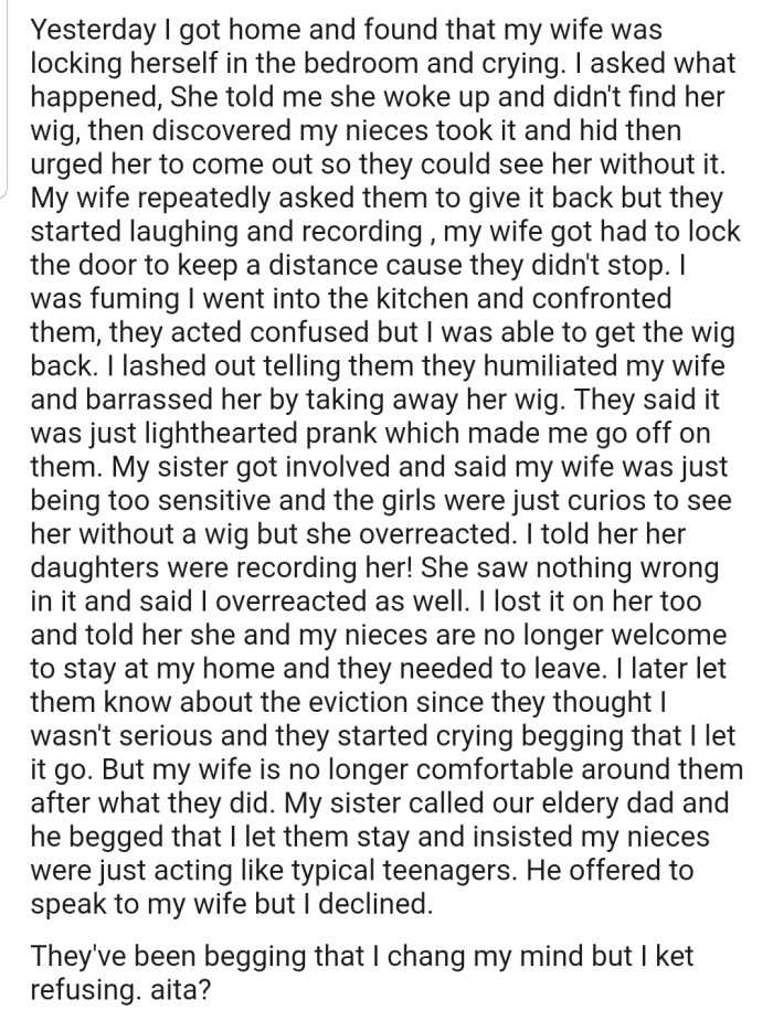 OP is determined to evict their sister and her kids after they humiliated their cancer-stricken wife