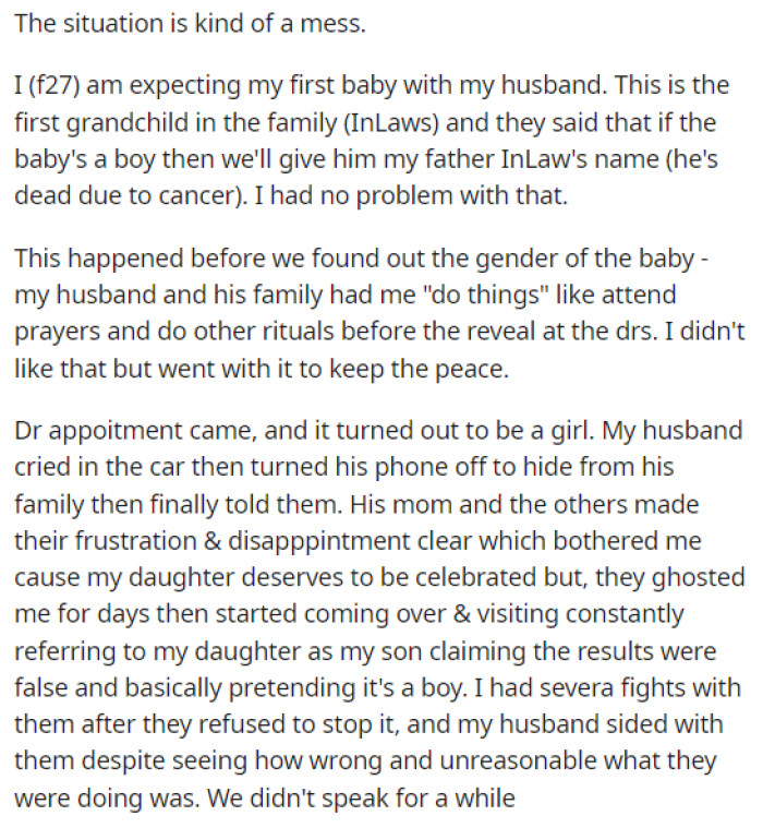 OP starts off her post explaining that she's expecting her first baby and that her in-laws have a plan for the name if she ends up having a boy.