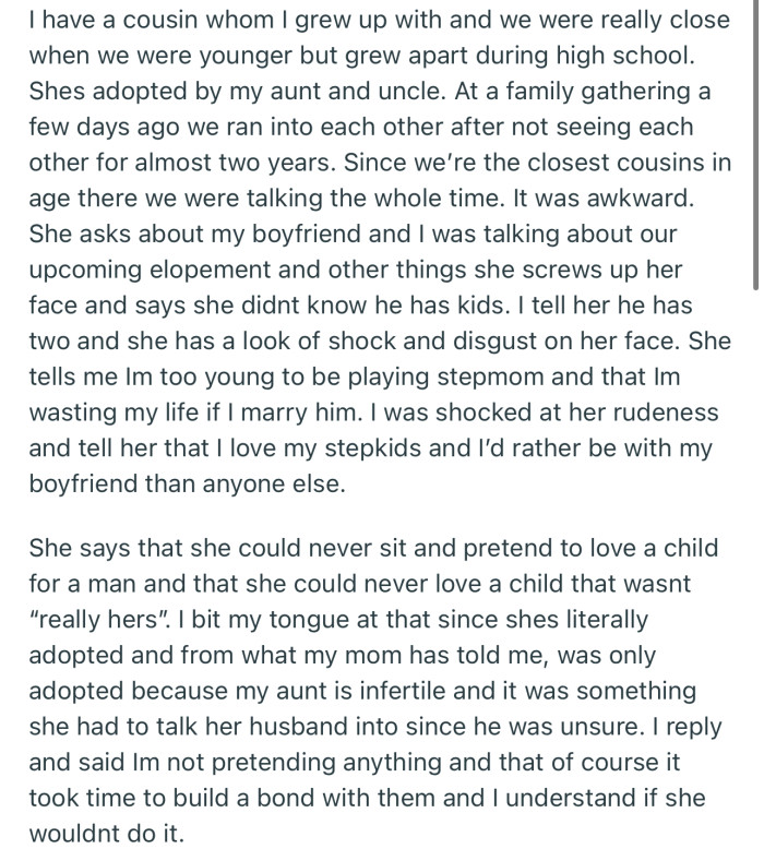 OP’s cousin wasn’t happy hearing that she’s planning to marry someone who already has kids, and possibly adopt them