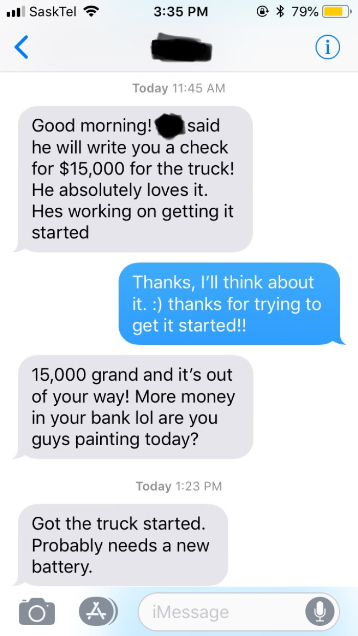 Circling back to the truck, the buyer will shoulder the cost of the battery as long as OP's wife agrees to sell them the truck immediately