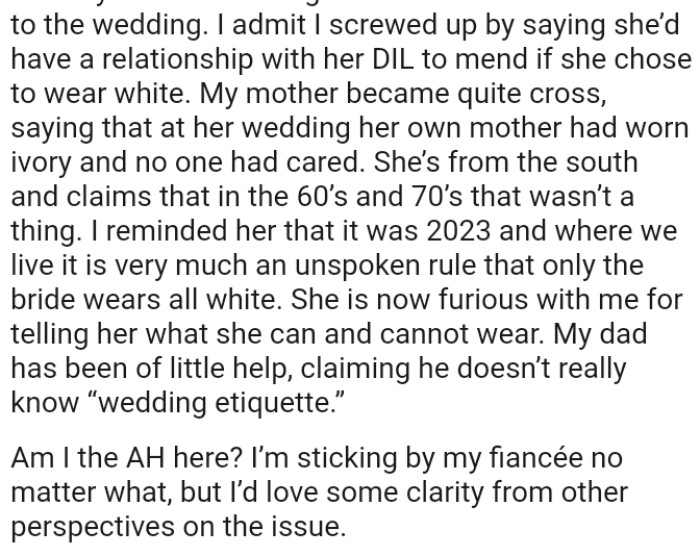 OP's mom is now furious with him for telling her what she can and cannot wear