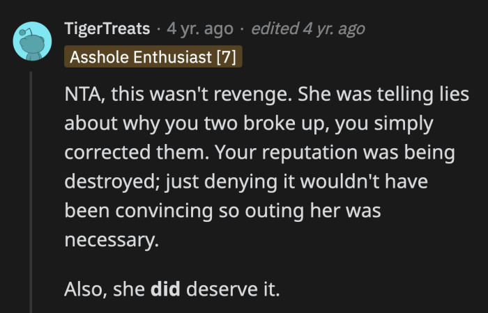 OP didn't out his ex-girlfriend out of spite. He just shared the factual reason for their breakup.