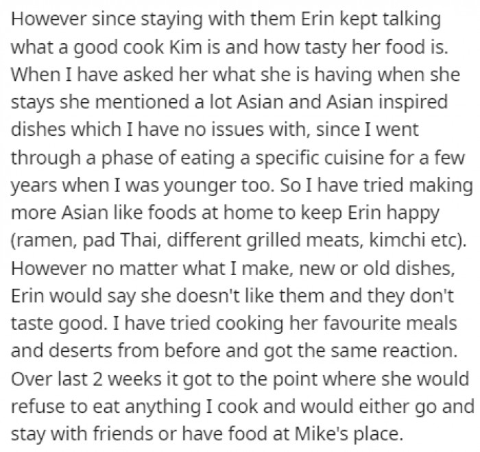 Erin wouldn't stop talking about how good of a cook her father's new wife was.