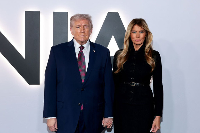 Melania Trump and Donald Trump posing together, highlighting their age-gap relationship