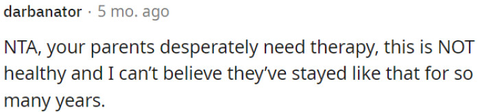 OP's parents are in need of therapy, and their behavior is considered unhealthy.