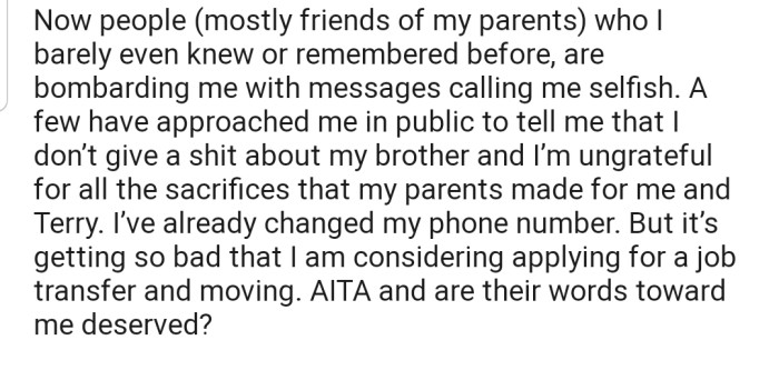 In addition, OP has also been receiving heat from friends of their parents.