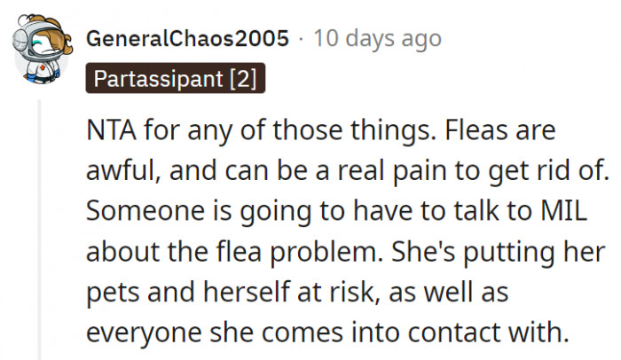6. MIL should realize that she's putting everyone around her at risk for so many awful things with those fleas