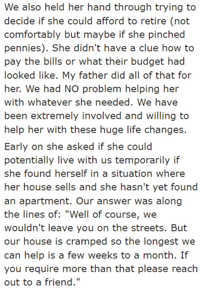 The original poster (OP) and her husband helped the OP's mom sort out her belongings and finances.