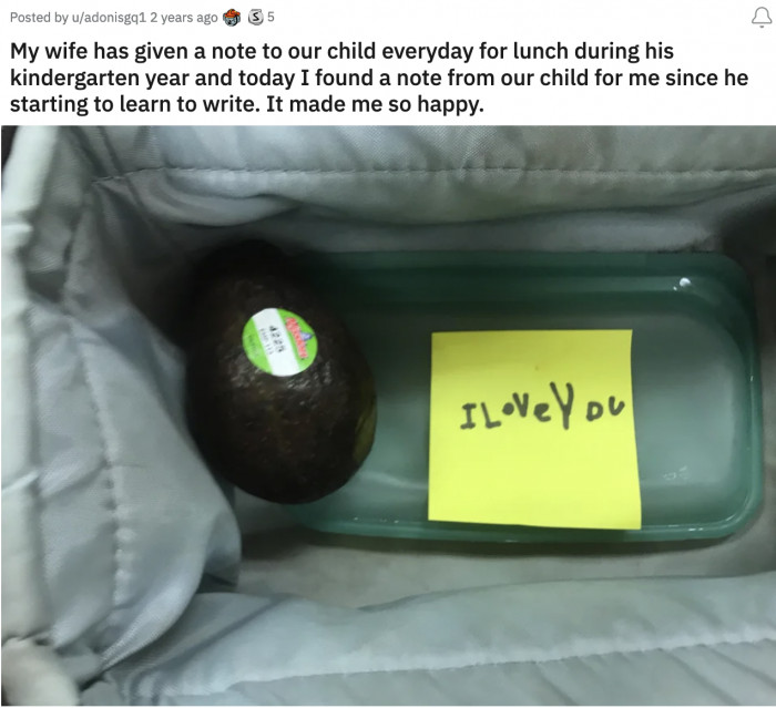 6. In this family, they start the note-writing tradition pretty early on. This dad just received the sweetest note from his son, who is just beginning to learn how to write.