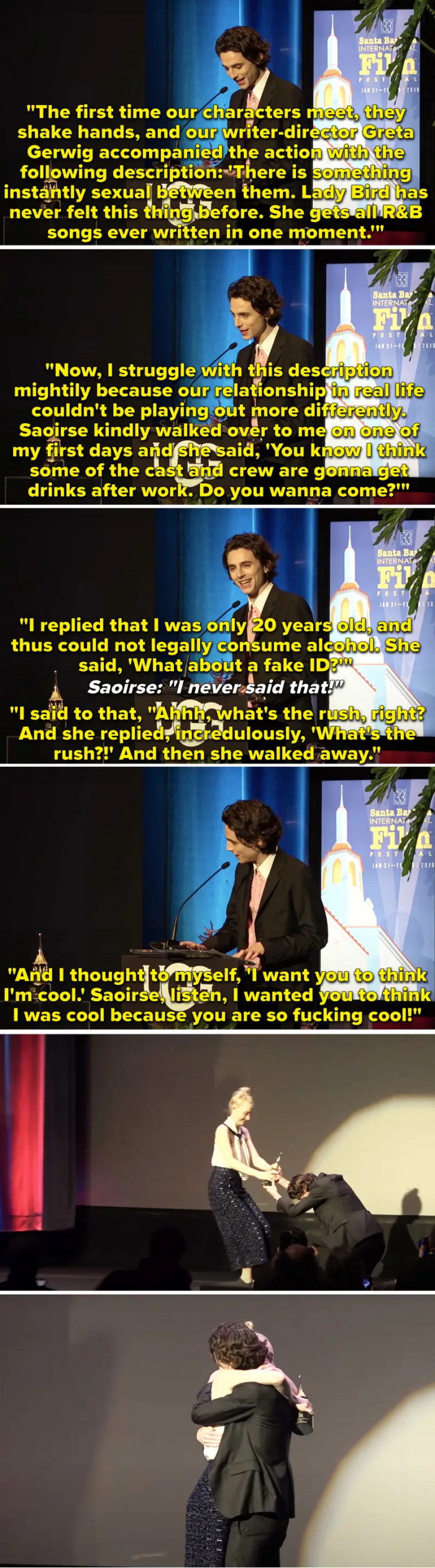 12. When Timothée Chalamet gave this amazing speech in honor of Saoirse Ronan winning an award.