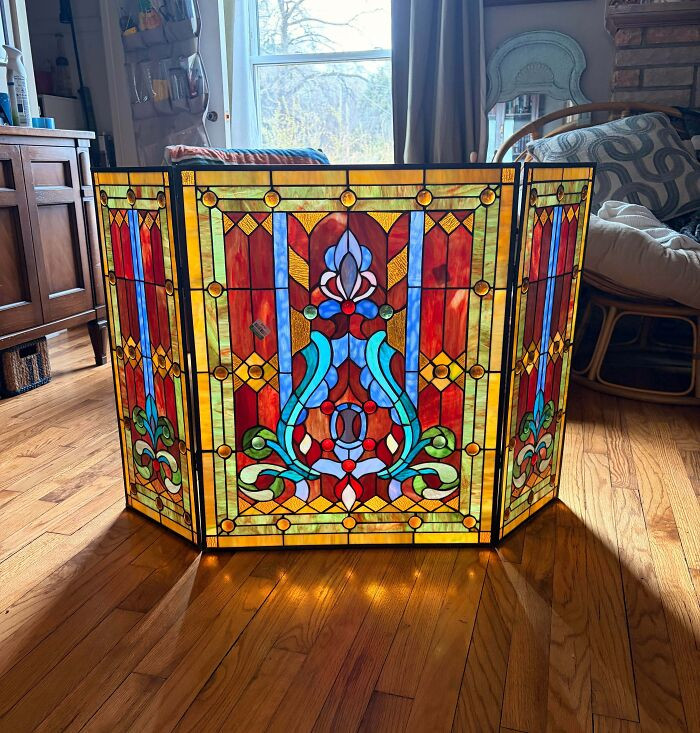 "Three-Panel Stained Glass Fireplace Screen"