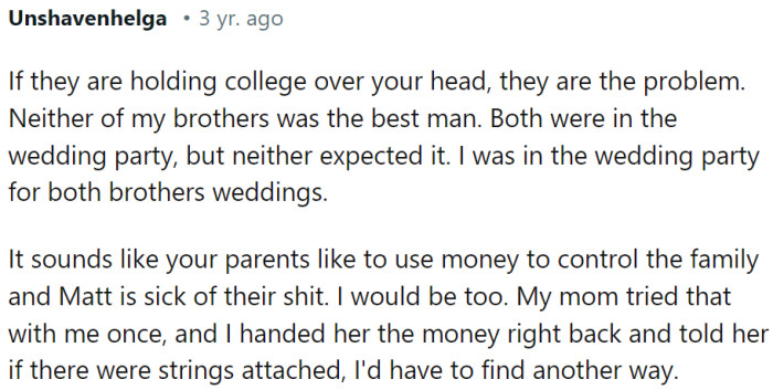 Her parents are using money to control her, and it is despicable.