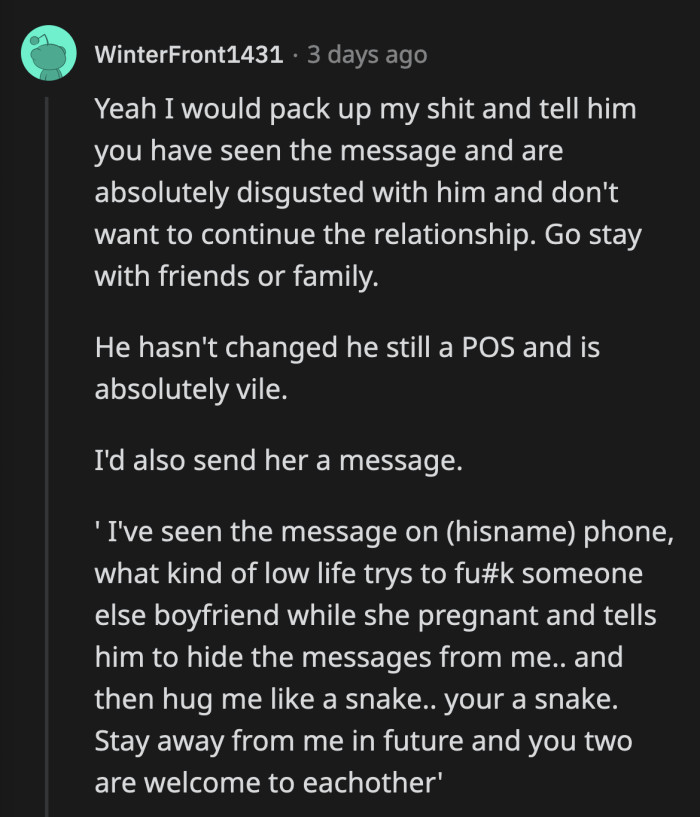 A commenter said that they would leave if they were in OP's shoes, but not before blasting the cheaters for what they've done