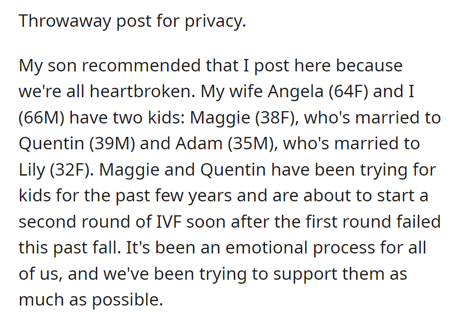 A couple in their mid-60s supports their daughter Maggie and her husband Quentin through infertility struggles and an upcoming IVF round.