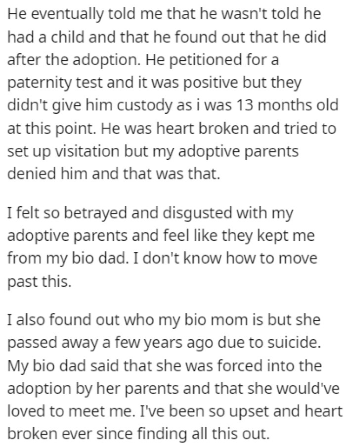 OP's father told her that he only found out he had a daughter after she was already adopted