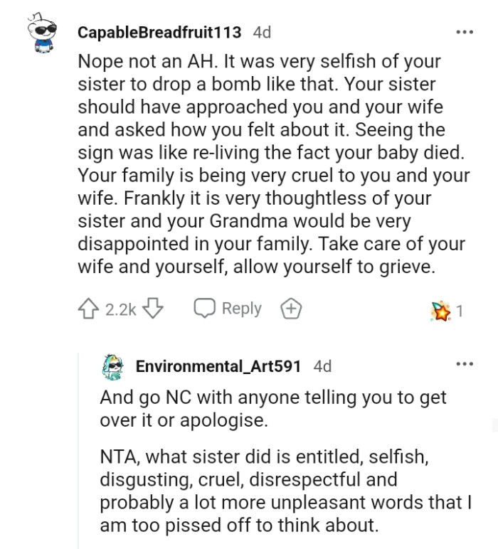 Take care of yourself and your wife, and allow yourself to grieve.