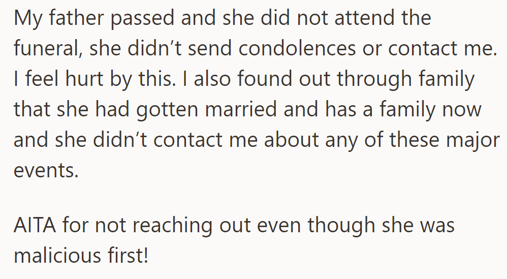 She felt hurt when her cousin didn't attend her father's funeral or acknowledge major life events.