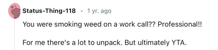 “You were smoking weed on a work call?? Professional!”