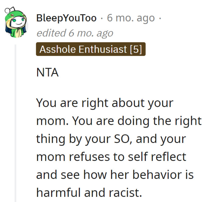 Playing the mom's greatest hits: denial, refusal to reflect, and a dash of harmful racism.