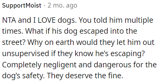 It's concerning that they allow the dog to wander unsupervised, risking its safety; they should be fined for their negligence.