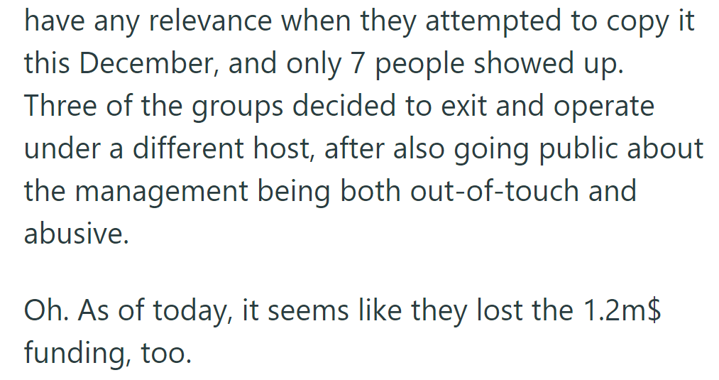 OP's fundraiser flopped in December, leading to funding loss and group departures amid management issues.