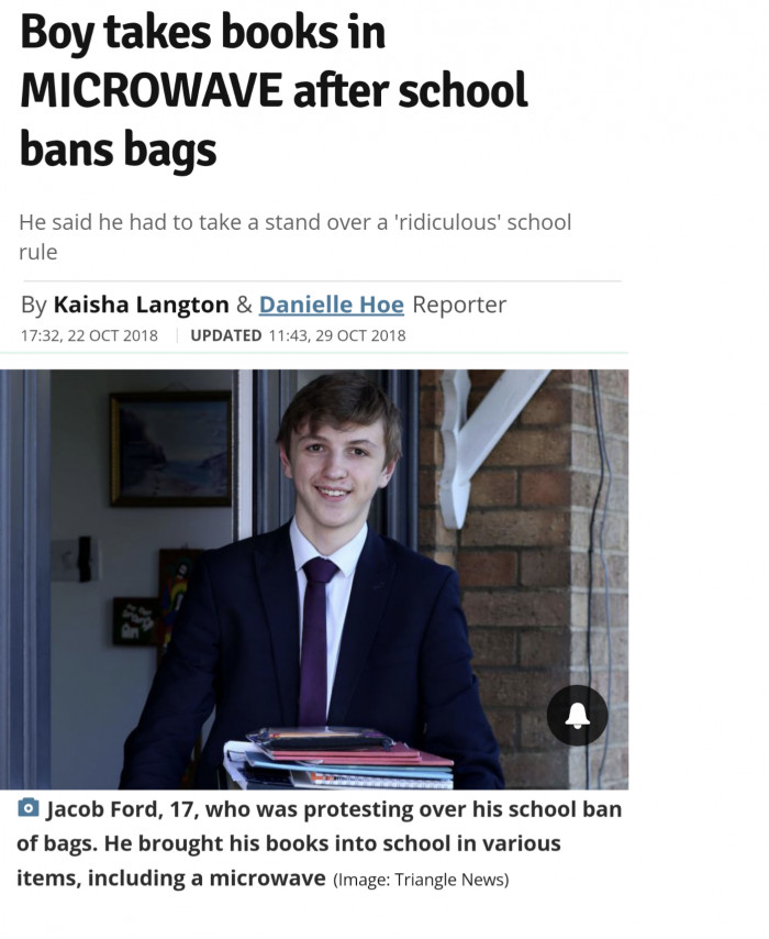 Boy takes books in MICROWAVE after school bans bags